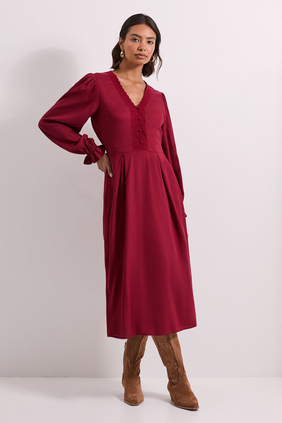 Dorothy Perkins Lace Trim Blouson Sleeve Midi Dress Burgundy image 1