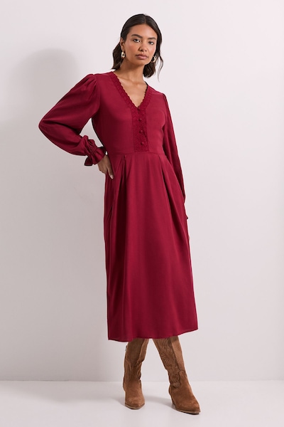 Dorothy Perkins Lace Trim Blouson Sleeve Midi Dress Burgundy