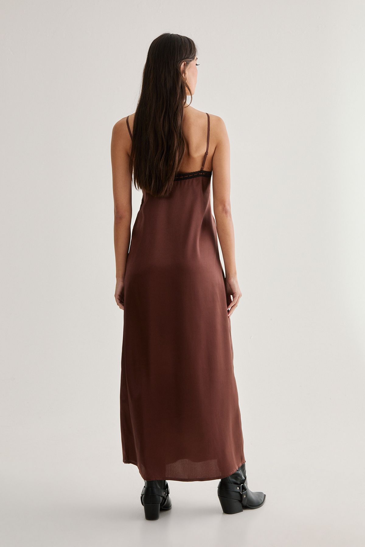 NastyGal Satin Ribbon Lace Trim Maxi Slip Dress Chocolate image 4