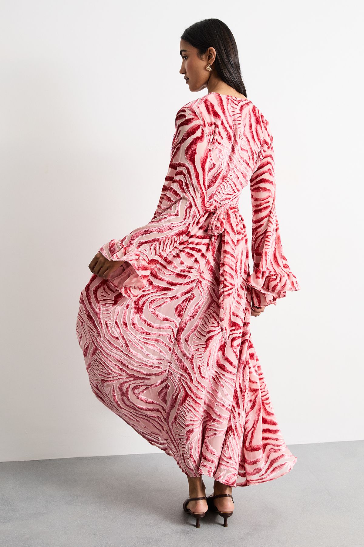 Warehouse Burnout Velvet Plunge Neck Flared Sleeve Belted Maxi Dress Red image 3