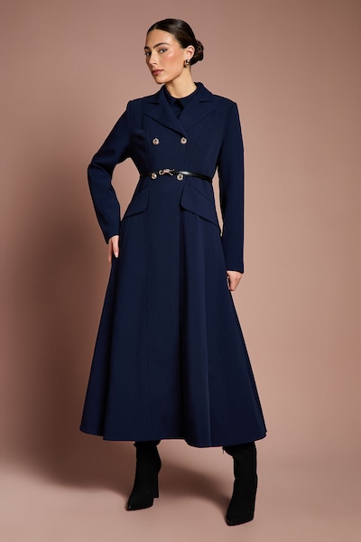 Coast Lisa Tan Tailored Crepe Belted Coat Navy