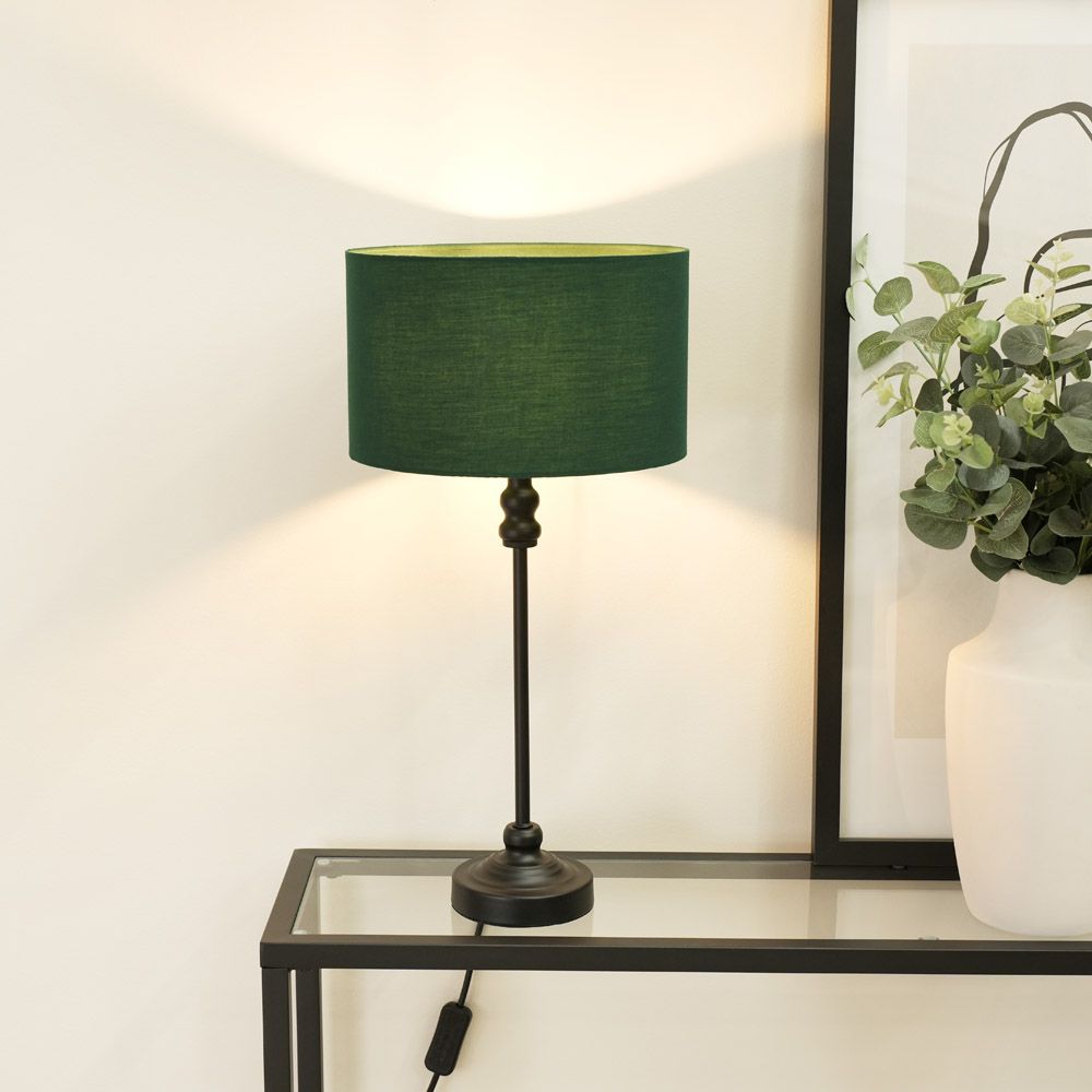 ValueLights Maggie Black Metal Candlestick Table Lamp with Fabric Drum Shade and LED Bulb image 1