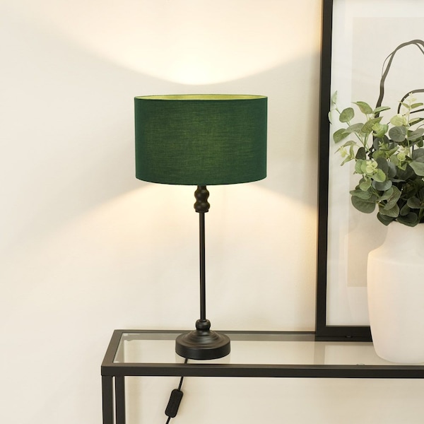 ValueLights Maggie Black Metal Candlestick Table Lamp with Fabric Drum Shade and LED Bulb