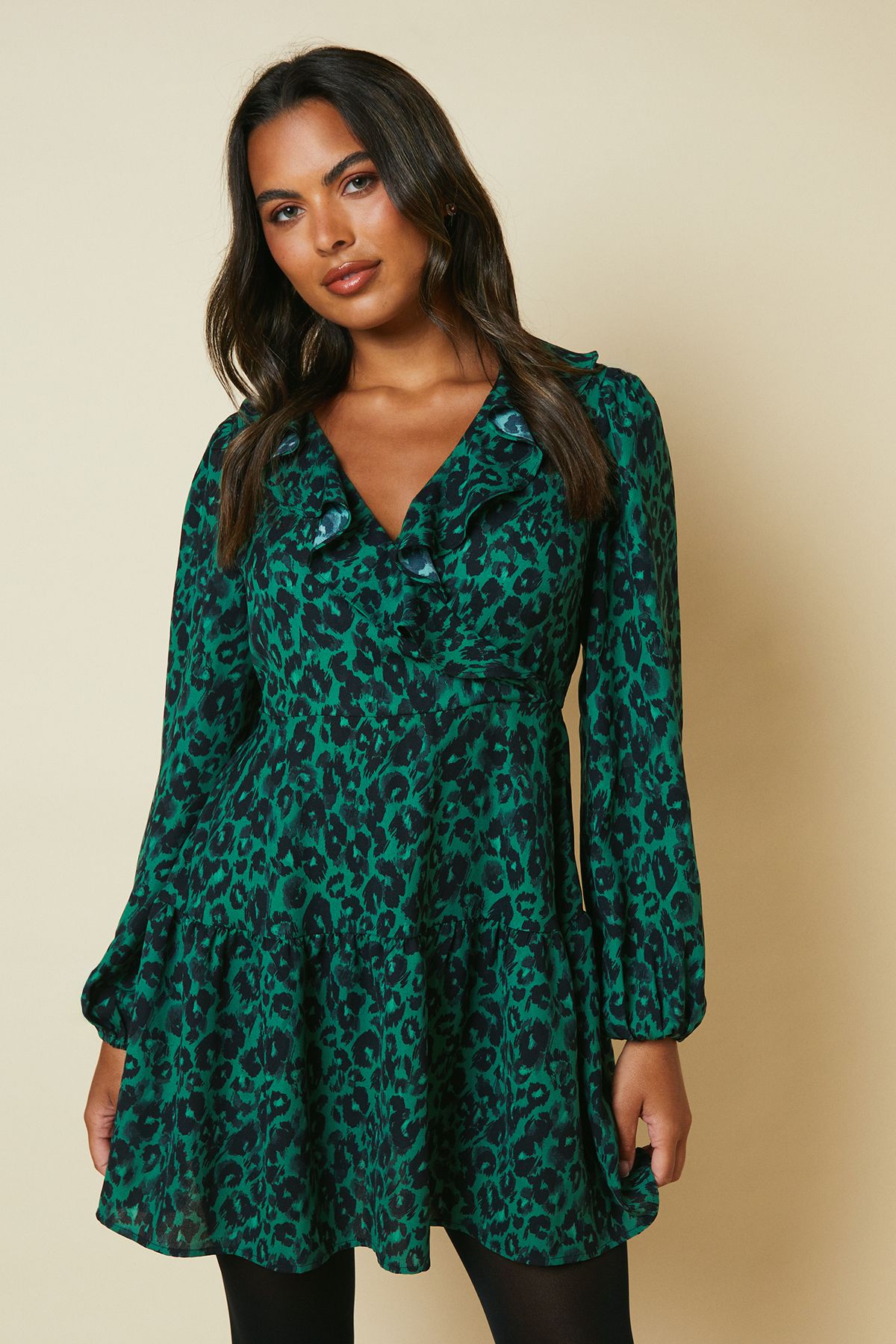 Dorothy Perkins Green Animal Tiered Hem Frill Wrap Mini Dress Green