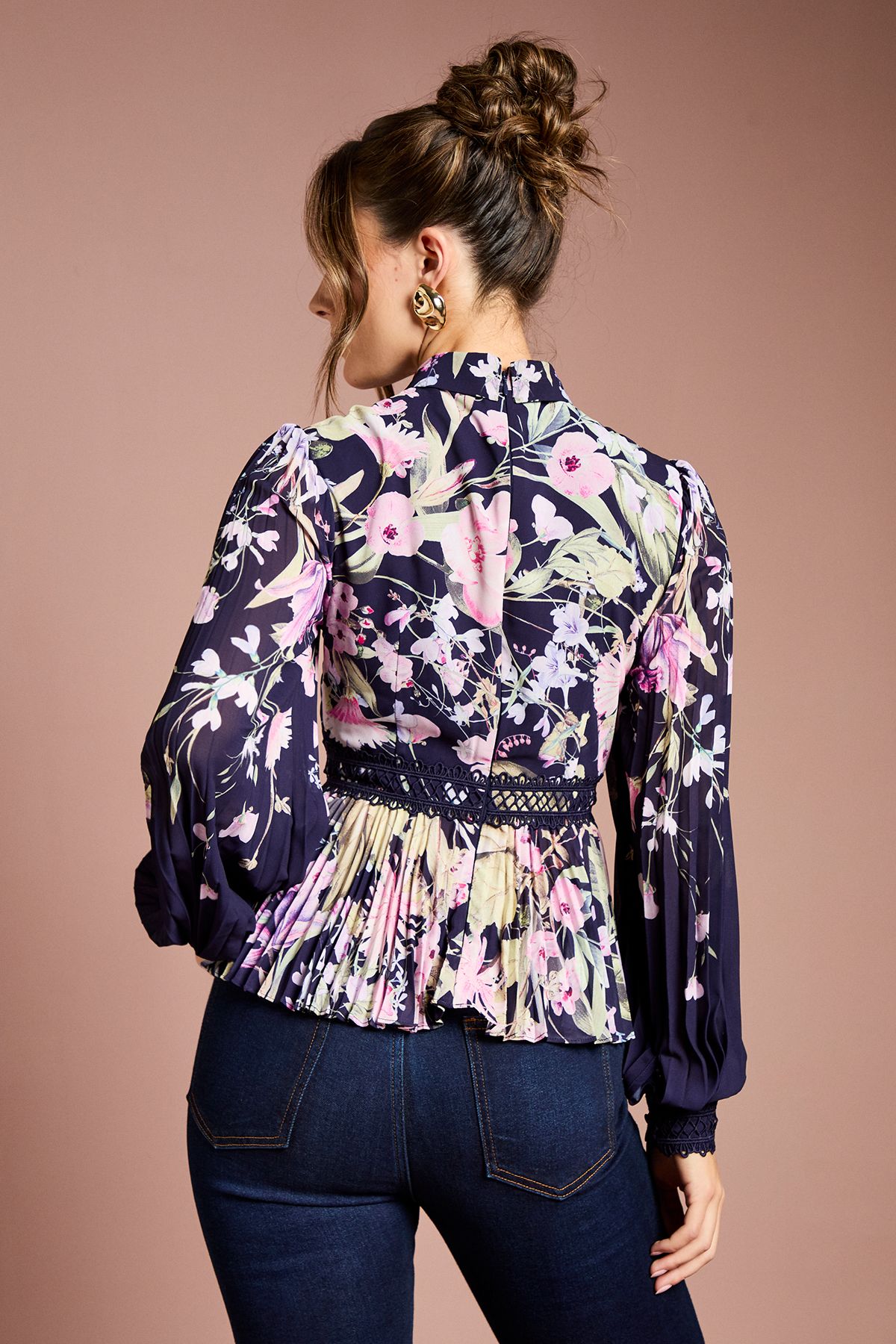 Coast Printed Lace Trim Pleated Shirt Navy image 3