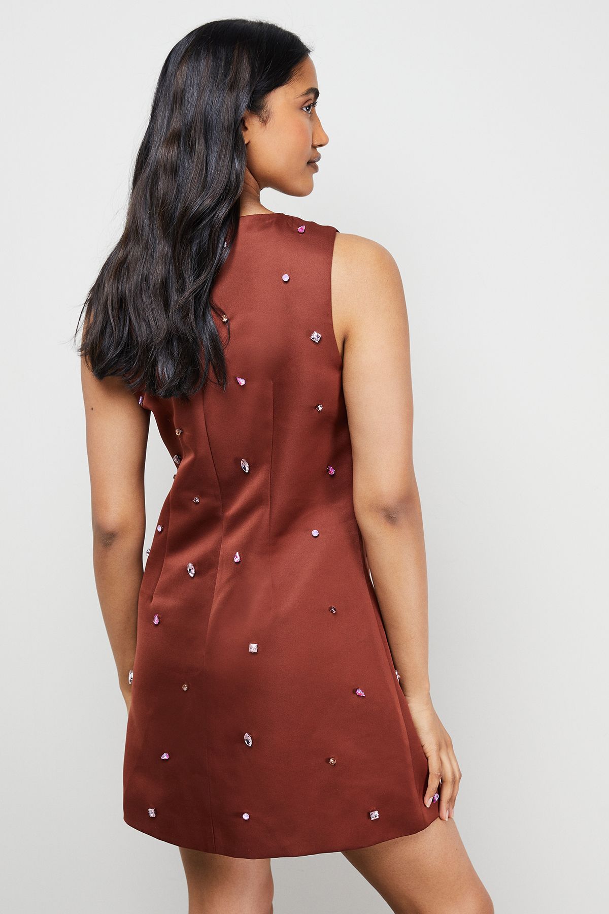 Warehouse Embellished Structured Sleeveless Sequin Mini Dress Brown image 3