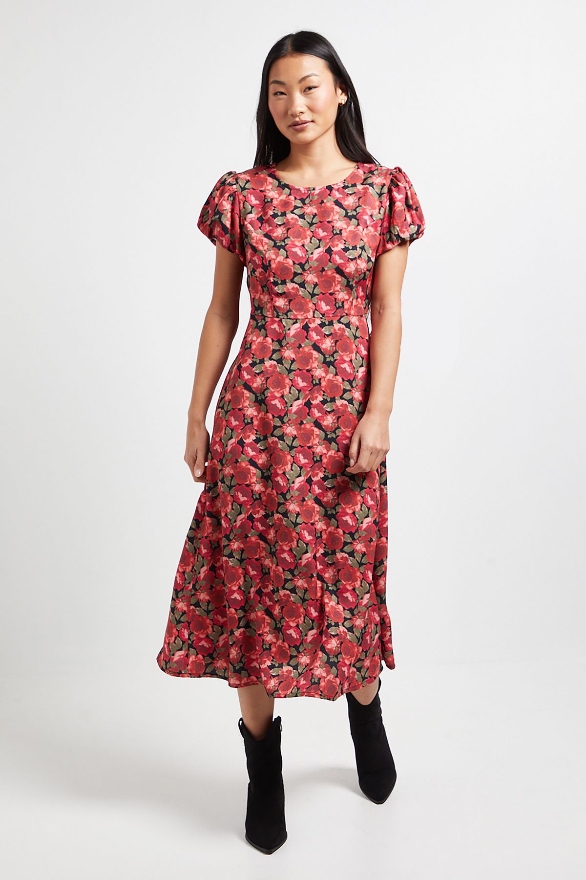 Dorothy Perkins Petite Red Floral Tie Back Detail Puff Sleeve Midi Dress Red image 1