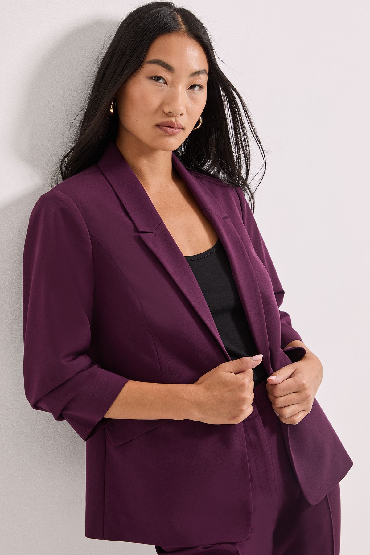 Dorothy Perkins Petite Ruched Sleeve Blazer Plum image 1