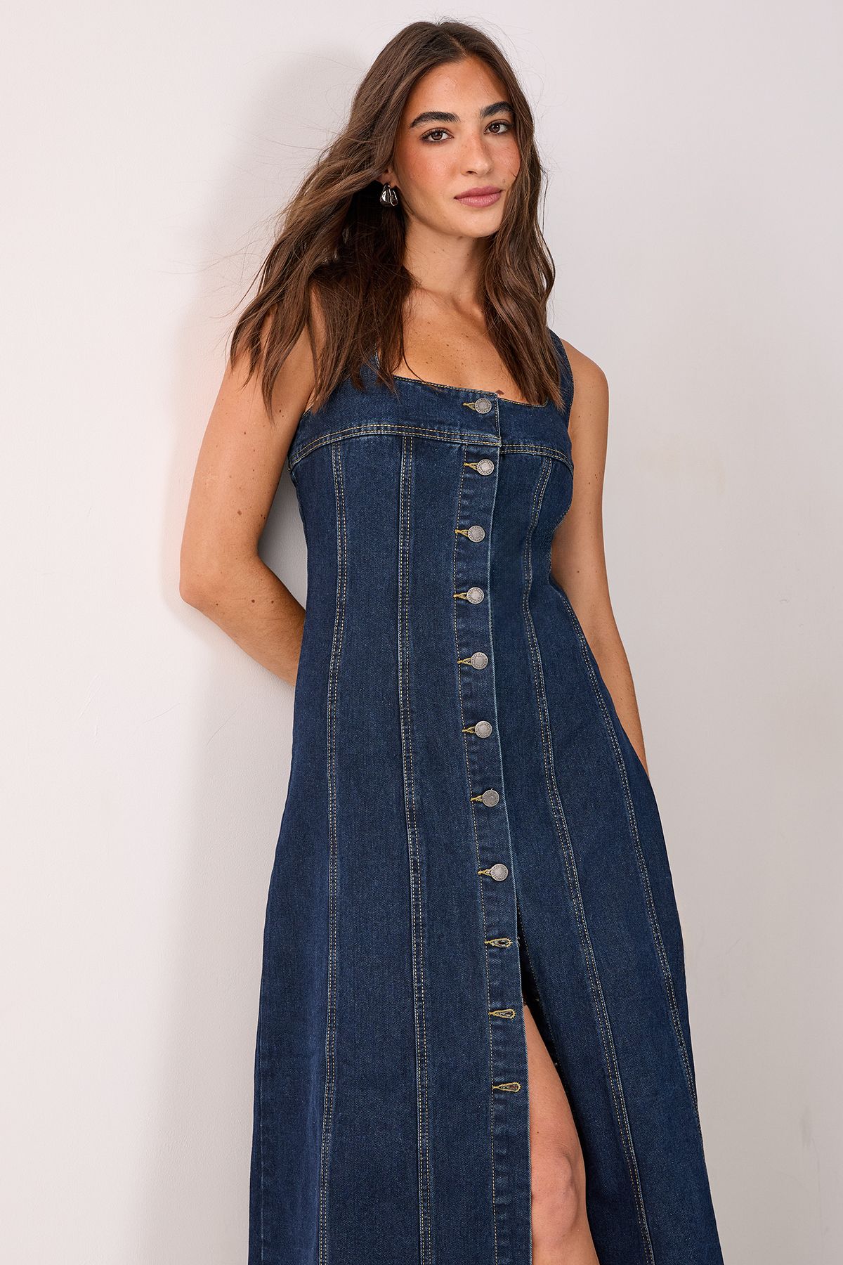 NastyGal Denim Button Through Midi Dress Indigo image 4