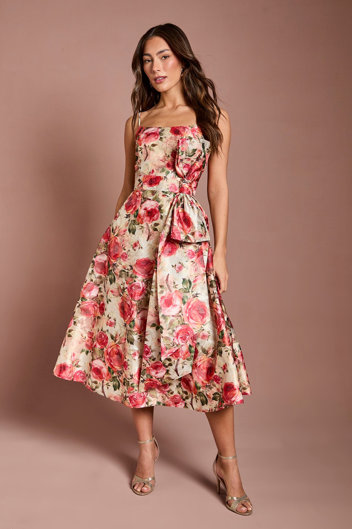 Coast Printed Strappy Bow Detail Midi Dress Red image 1