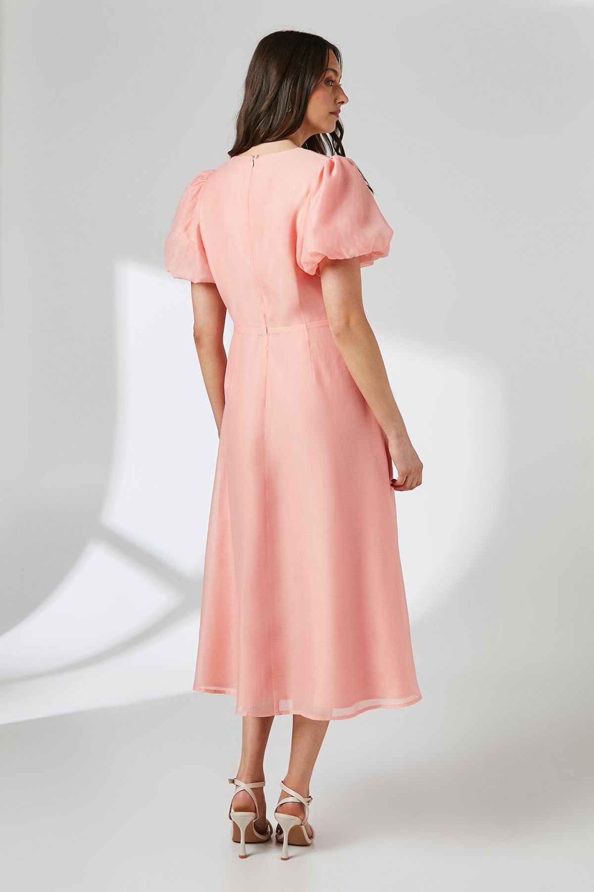 Principles Coral Puff Sleeve Organza Midi Dress Coral image 3
