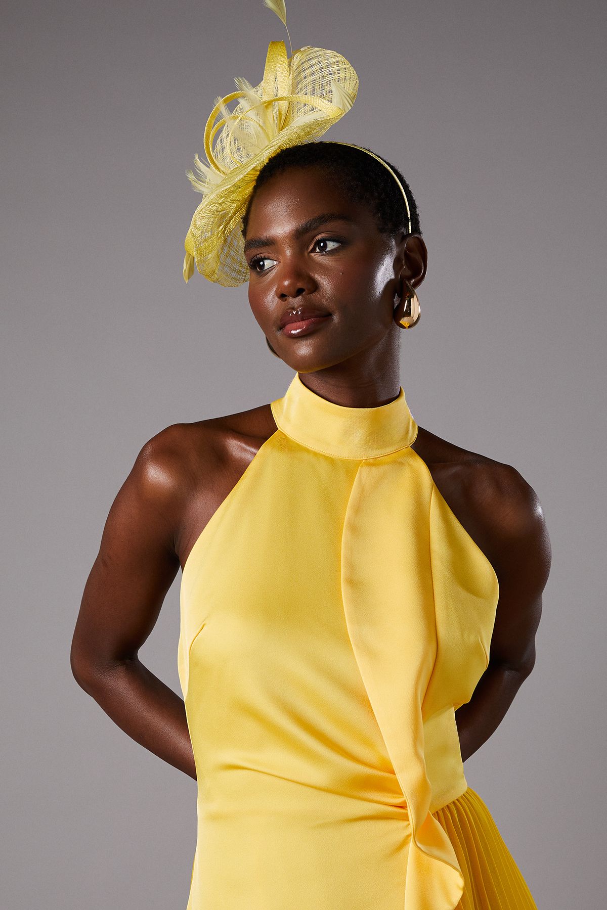 Coast Halter Pleated Asymmetric Hem Midi Dress Yellow image 3