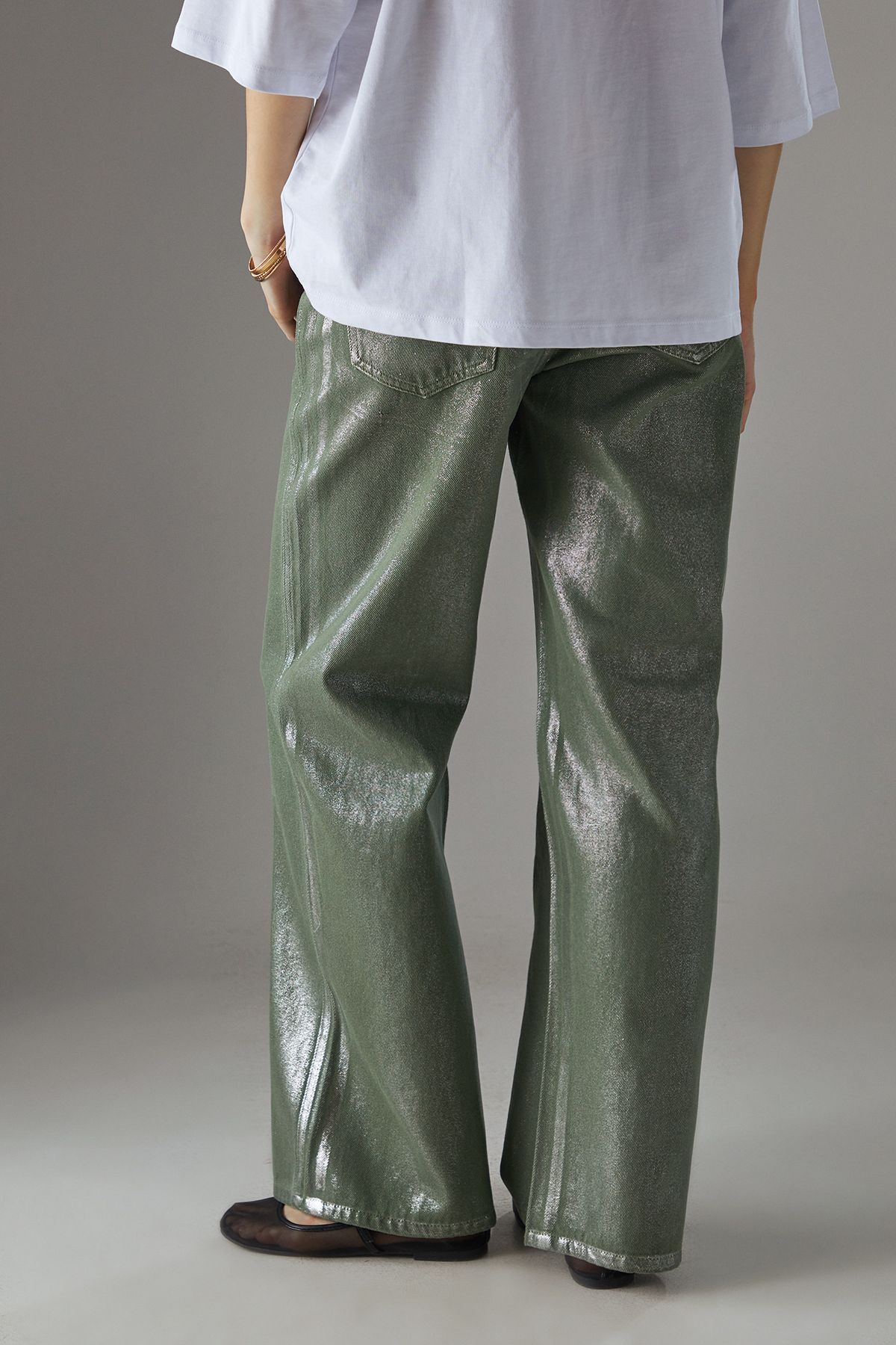 Warehouse Foil Coated High Waist Wide Leg Jeans Khaki image 3