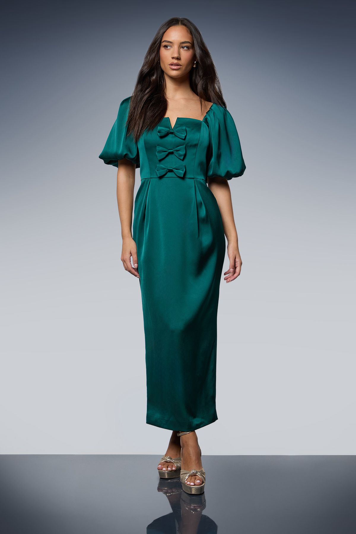 Oasis Satin Bow Front Puff Sleeve Midi Dress Teal image 1