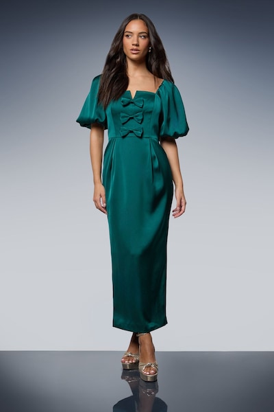 Oasis Satin Bow Front Puff Sleeve Midi Dress Teal