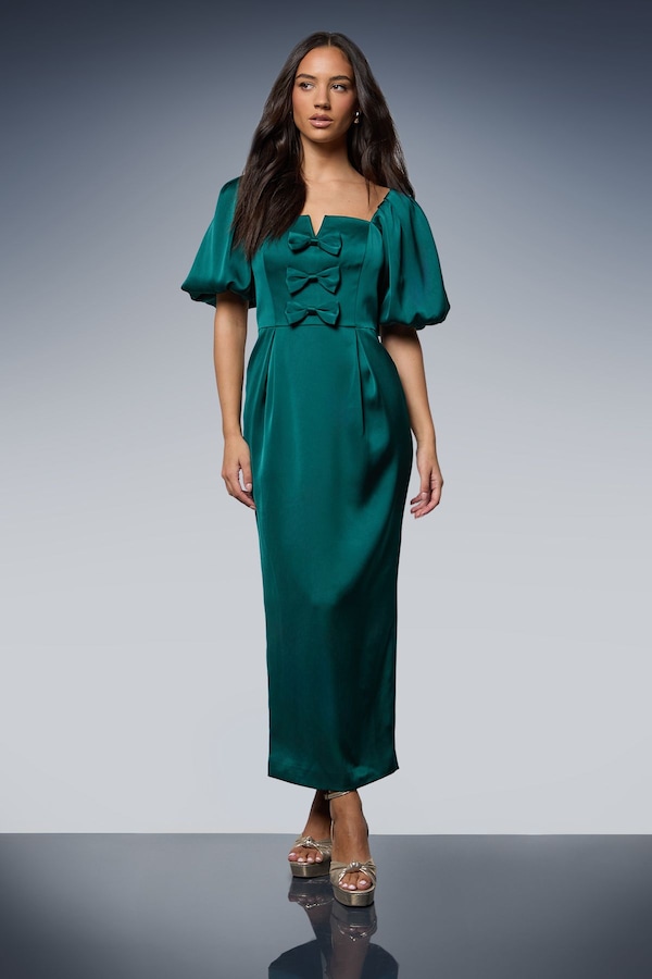 Oasis Satin Bow Front Puff Sleeve Midi Dress Teal