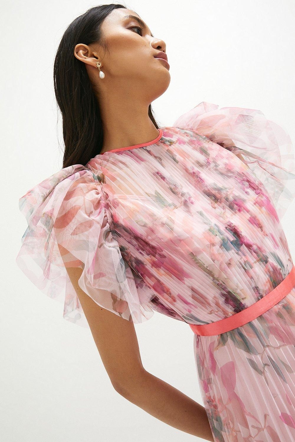 Coast Mesh Printed Dress With Pleated Skirt Blush image 4
