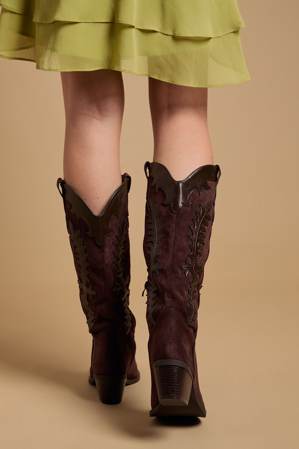 Oasis Jessie Faux Suede & Leather Western Cowboy Calf Boots Chocolate image 3