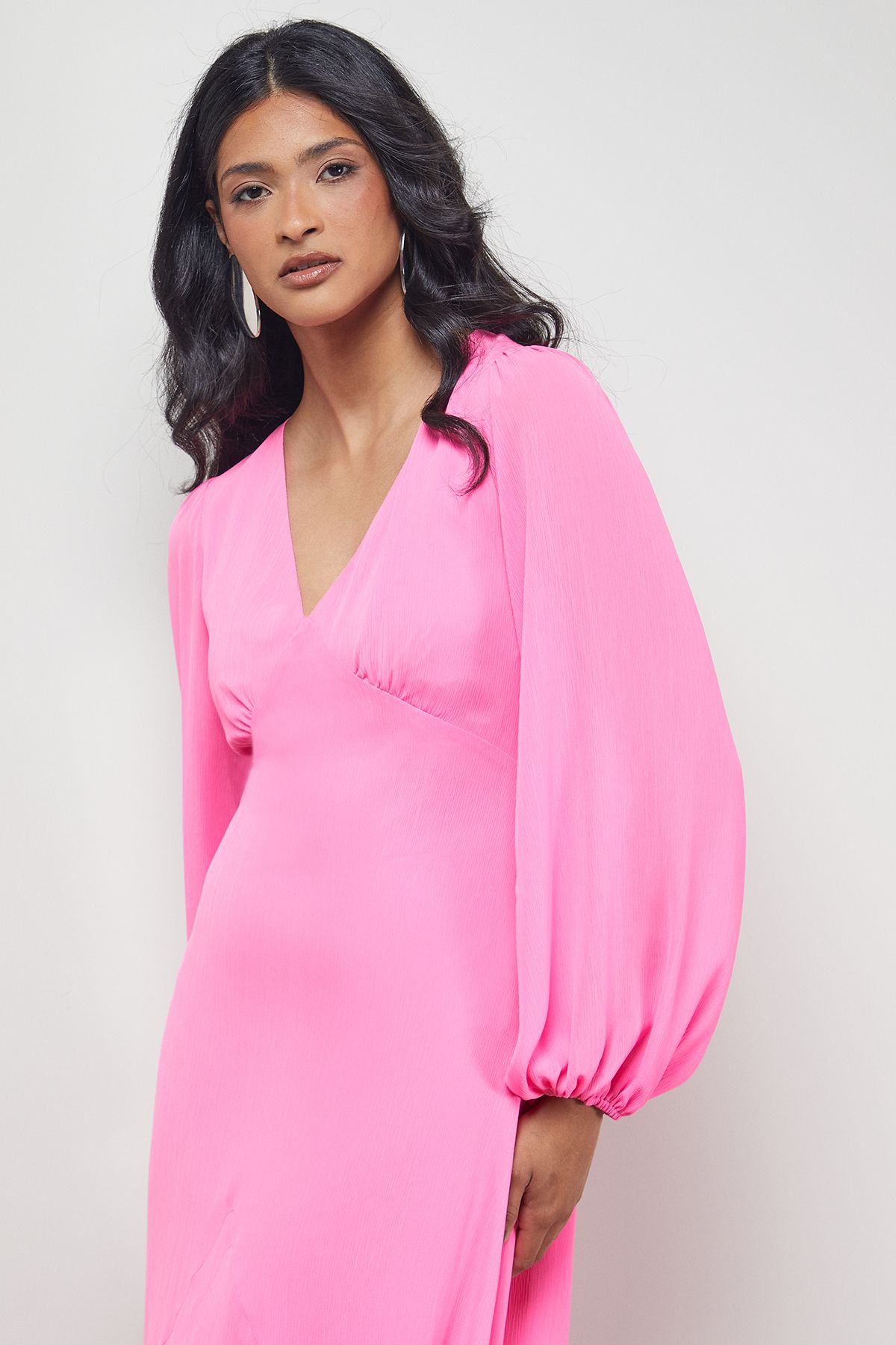 Warehouse Tony Chiffon Plunge Neck Asymmetric Hem Midi Dress Bright Pink image 3