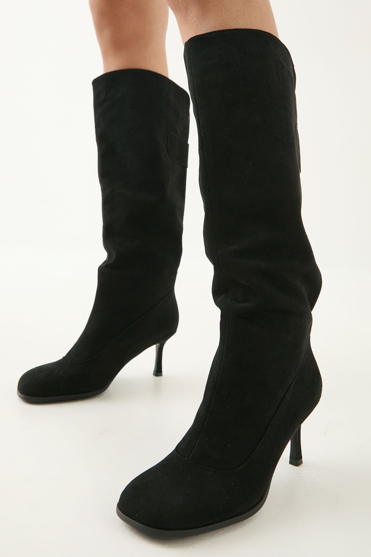 MissPap Faux Suede Square Toe Stiletto Heel Knee Boots Natural Black image 4