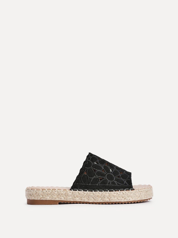 Linzi Parade Black Suede Floral Espadrille Flatform Slider