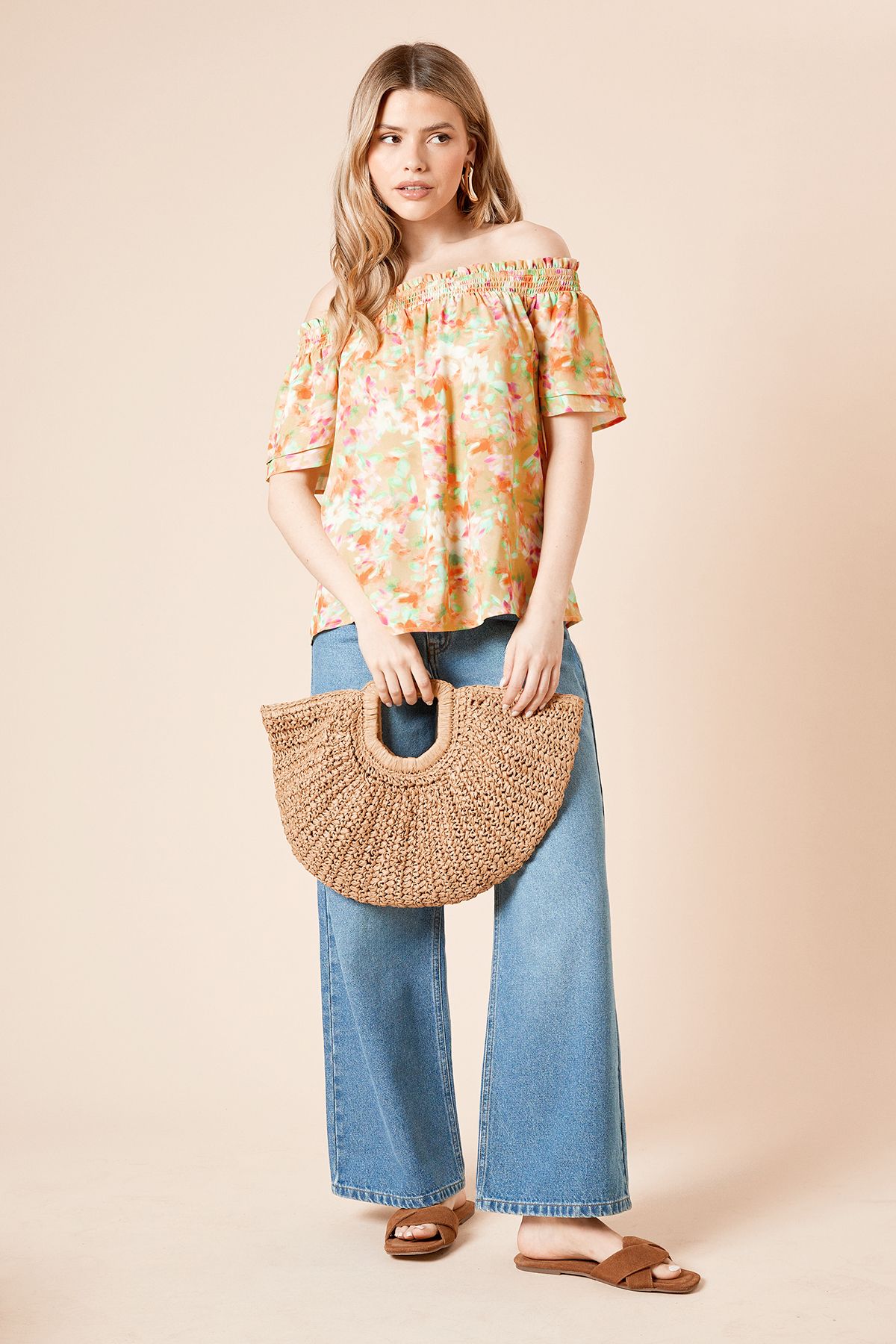 Dorothy Perkins Floral Bardot Double Frill Sleeve Top Floral