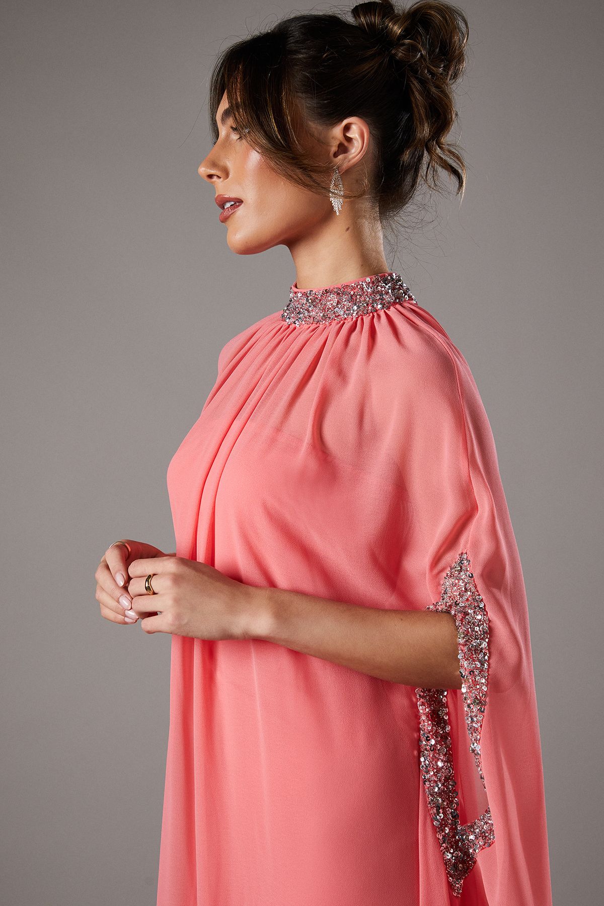 Coast Chiffon Cape Style Sequin Maxi Dress Coral image 3