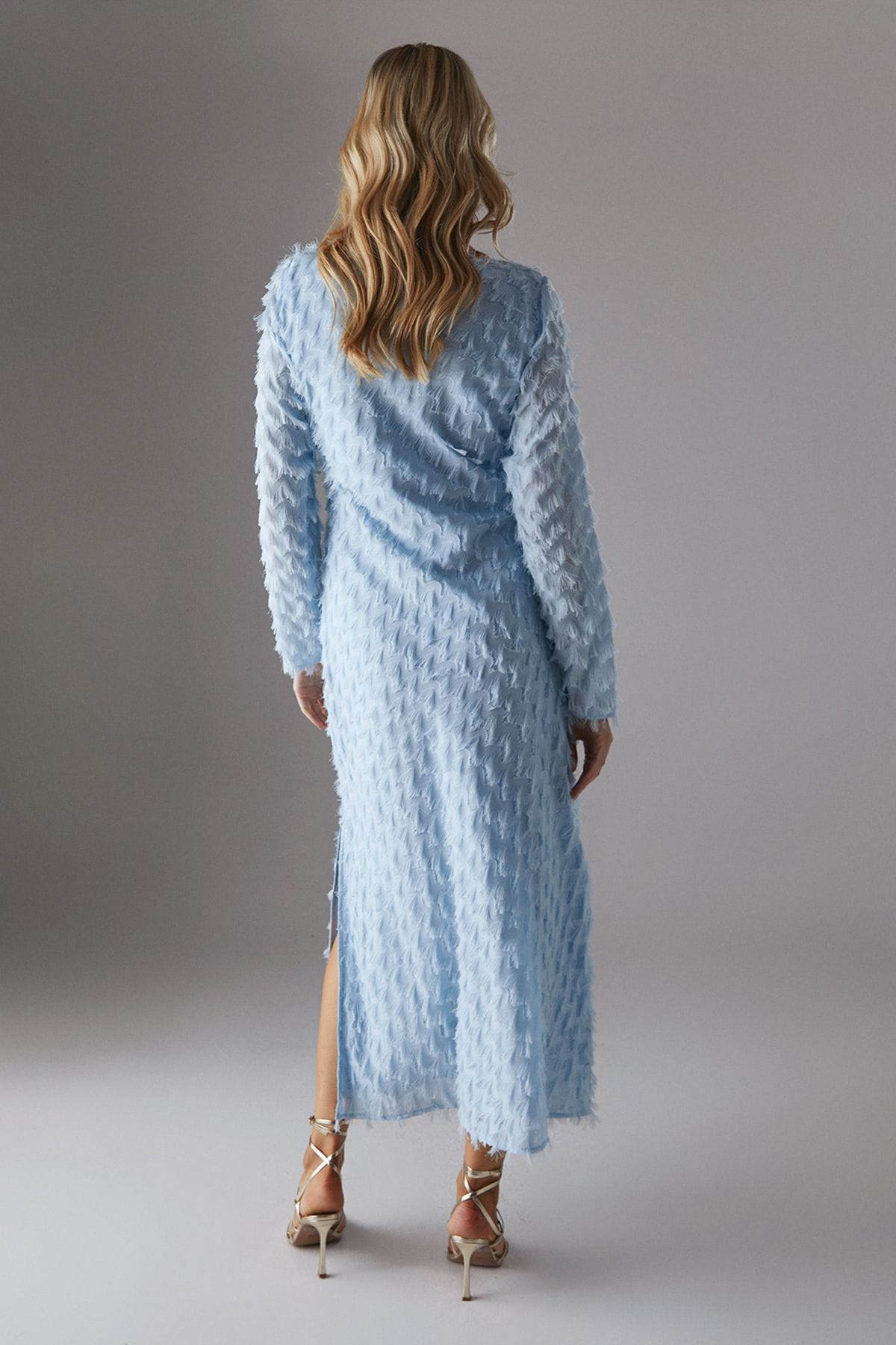 Warehouse Fluffy Slash Neck Column Midi Dress Pale Blue image 3