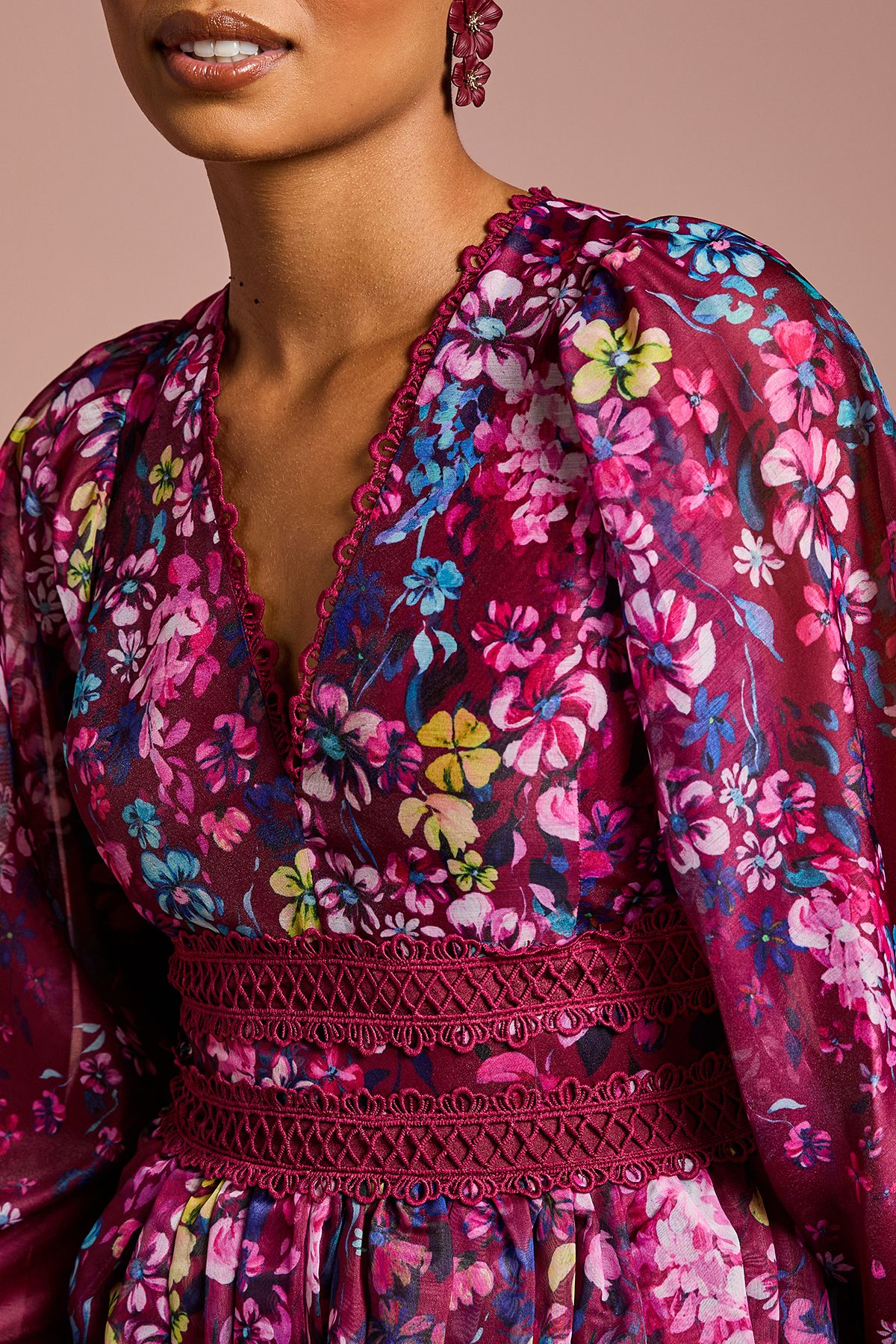 Coast Petite Organza Floral Placement Lace Trim Midaxi Dress Plum image 5