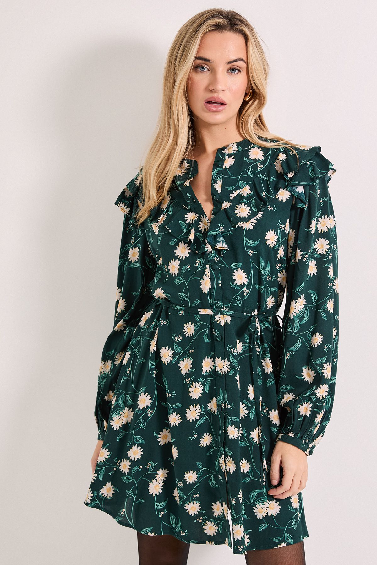 Dorothy Perkins Daisy Frill Yoke Belted Mini Shirt Dress Black image 1