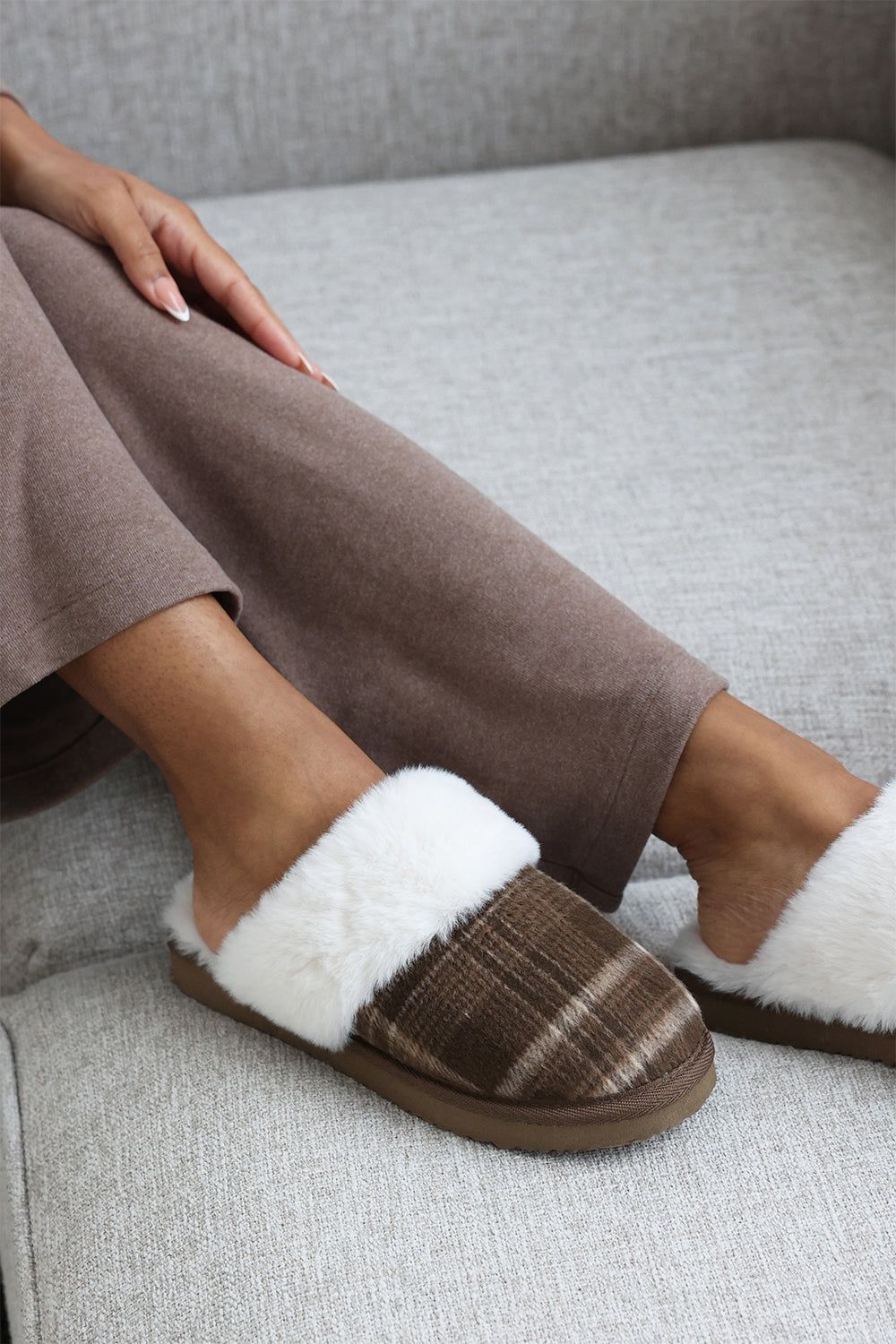 Where's That From 'Jemima' Tartan Mule Slippers with Faux Fur Trim