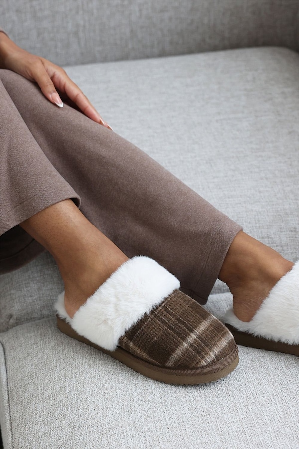 Where's That From 'Jemima' Tartan Mule Slippers with Faux Fur Trim