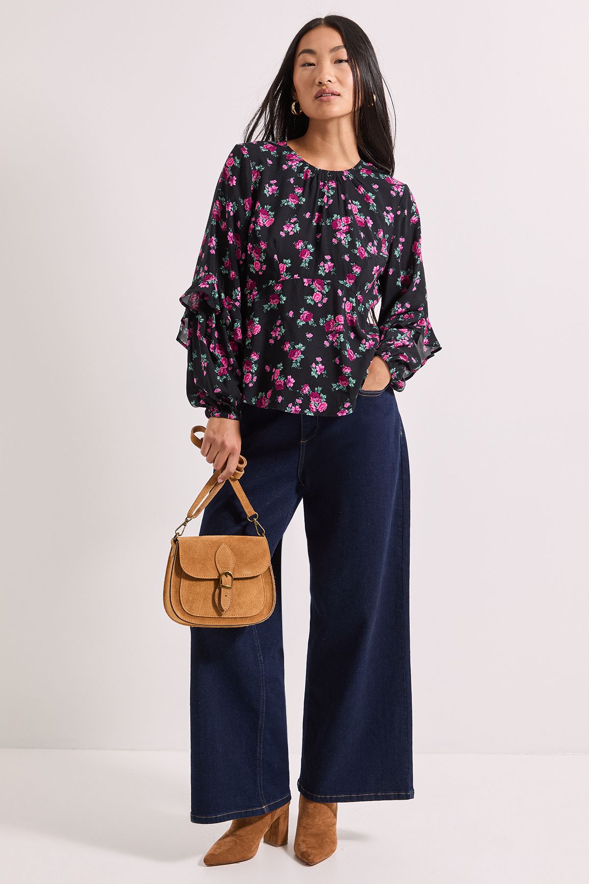 Dorothy Perkins Petite Black Floral Ruffle Blouson Sleeve Empire Seam Blouse Pink image 2