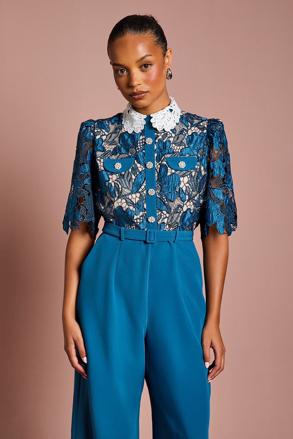 Coast Slate Blue Petite Lace Shirt Short Sleeve Jumpsuit PLT