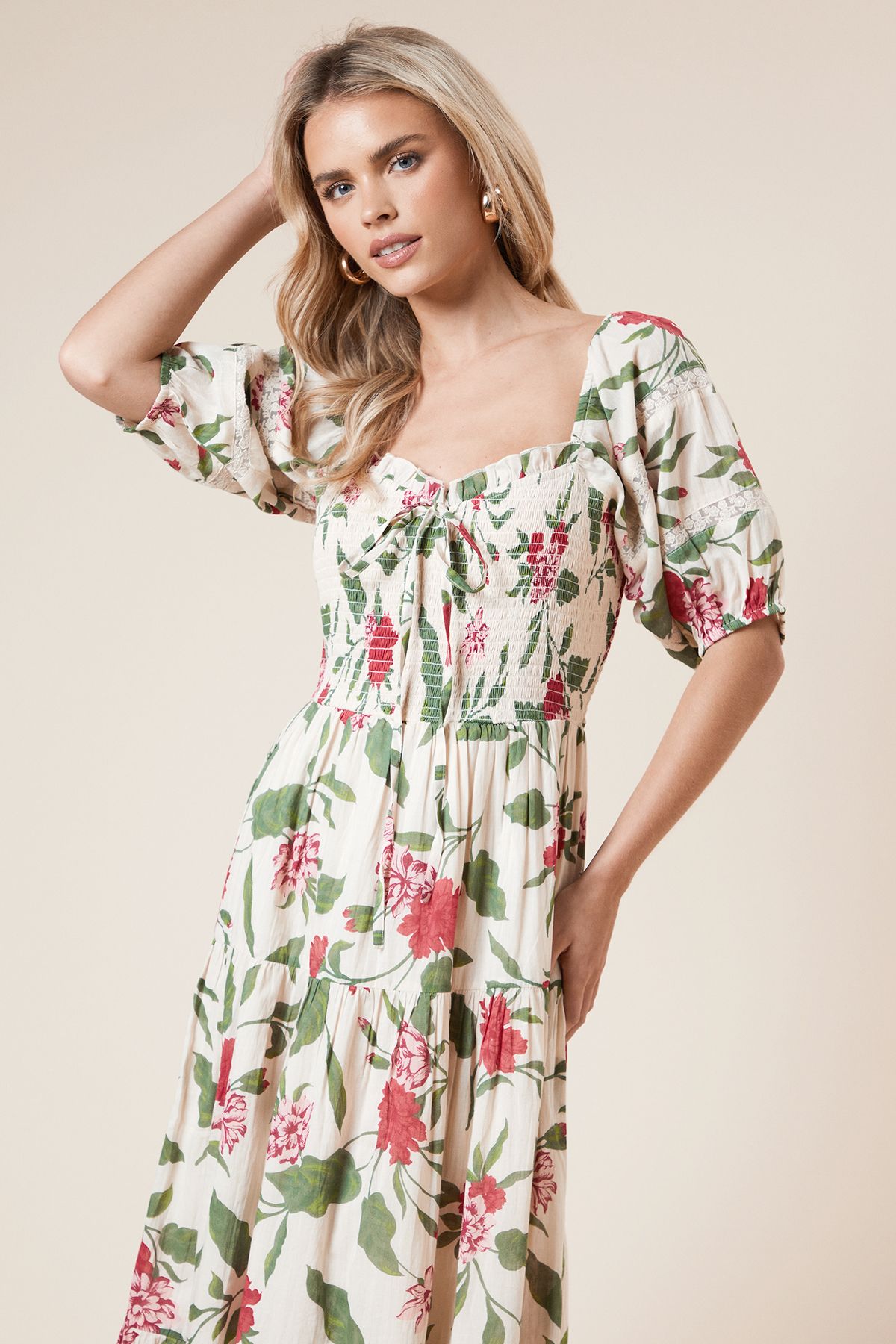 Dorothy Perkins Petite Shirred Bodice Tie Front Midi Dress Floral image 2