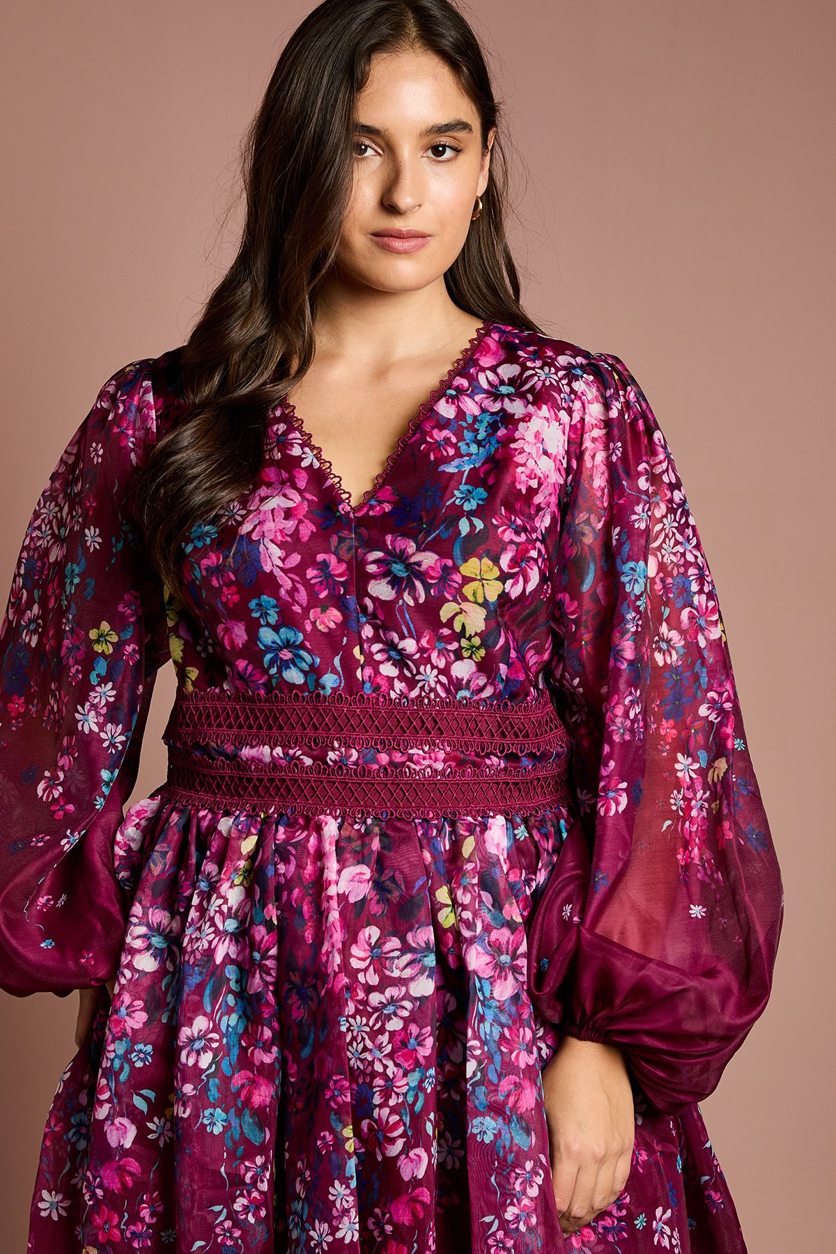 Coast Plus Size Organza Floral Placement Lace Trim Midaxi Dress Plum image 4