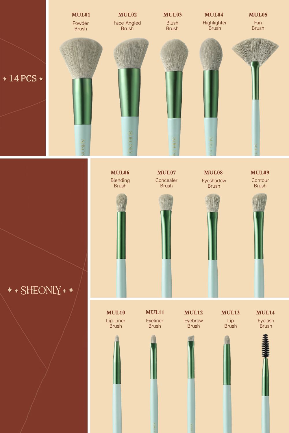 SHEONLY 14 Pcs "Sprout-Green" Professional Makeup Brush Set  With 2 Makeup Eggs image 6