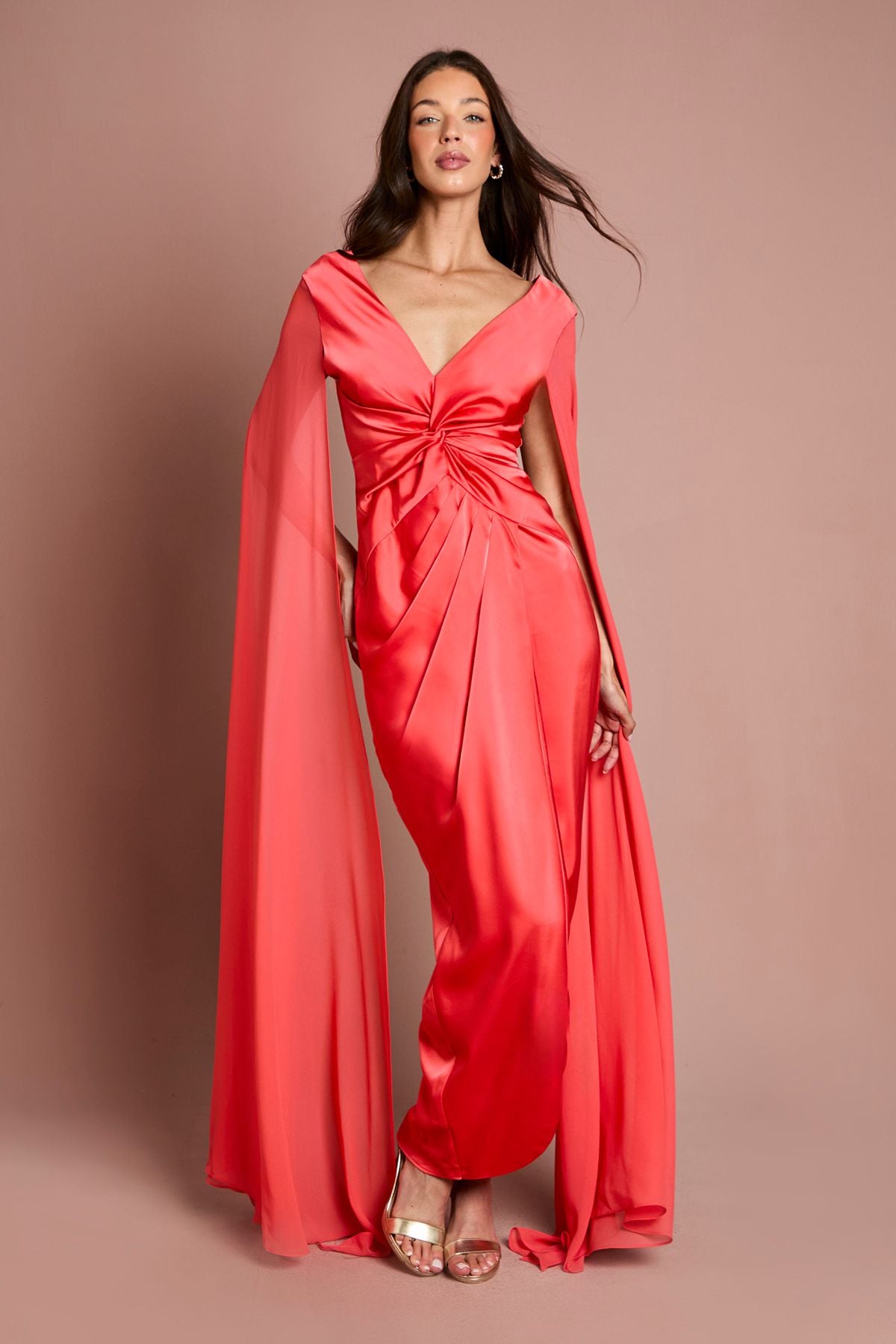 Coast Satin Cape Sleeve Maxi Dress Coral