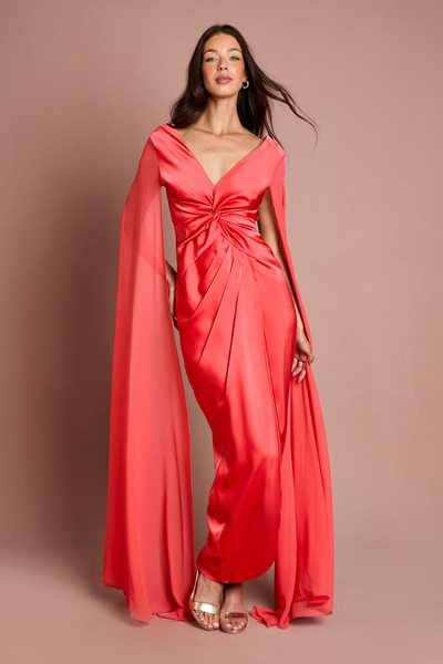 Coast Satin Cape Sleeve Maxi Dress Coral