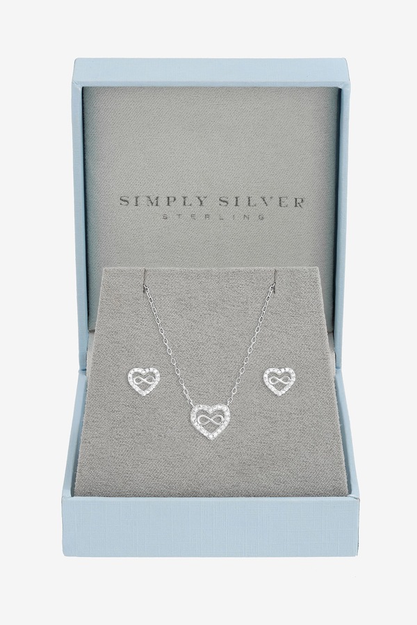 Simply Silver Sterling Silver 925 Pave Heart and Infinity Set - Gift Boxed