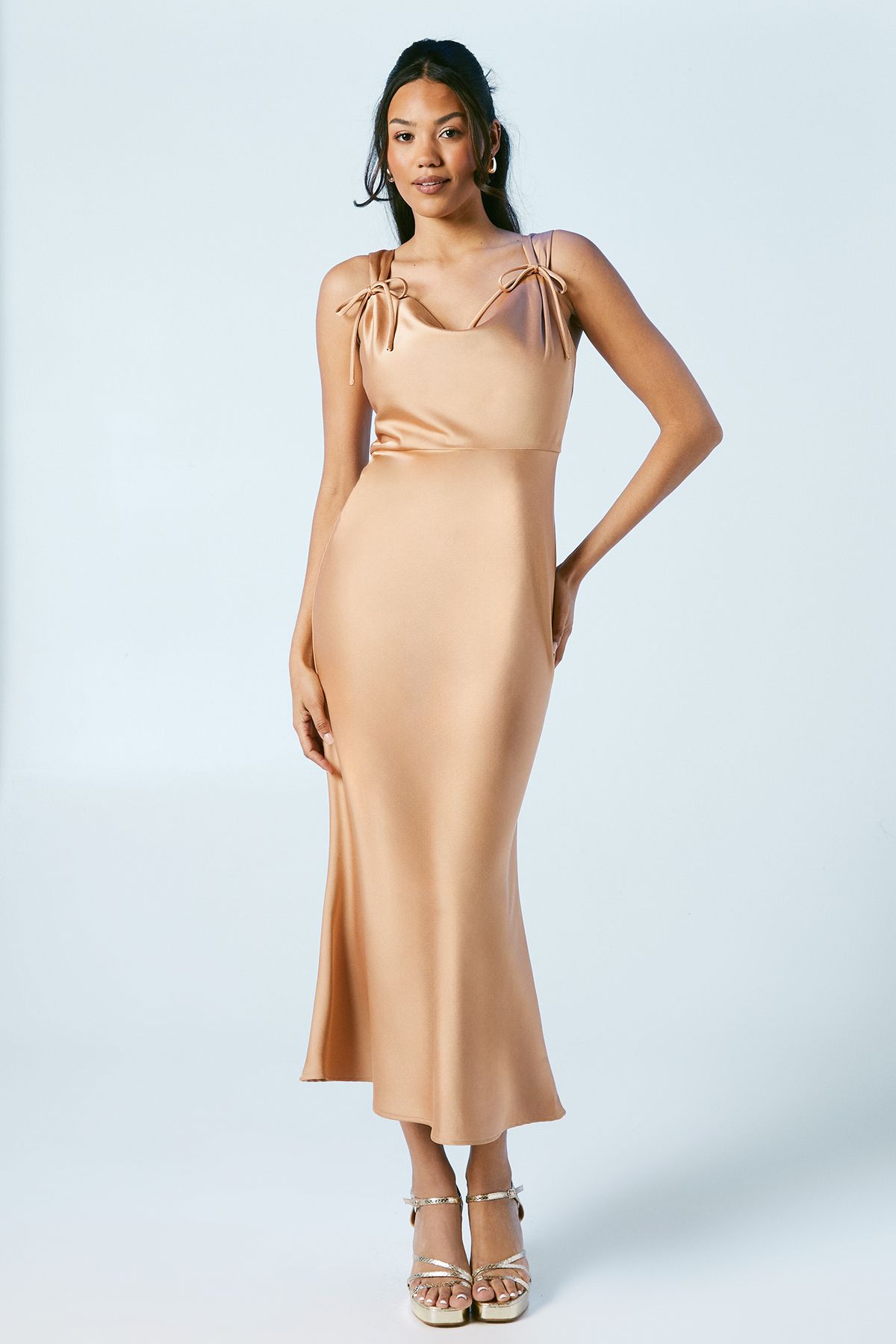 Oasis Bow Strap Detail Satin Midi Bridesmaid Dress Biscuit