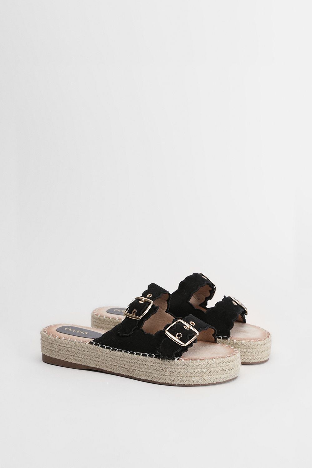 Oasis Bridget Faux Suede Scallop Detail Buckle Footbed Sandals Natural Black