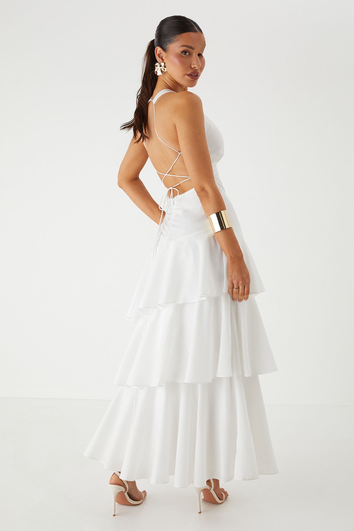 MissPap Tie Back Frill Layered Maxi Dress White image 3
