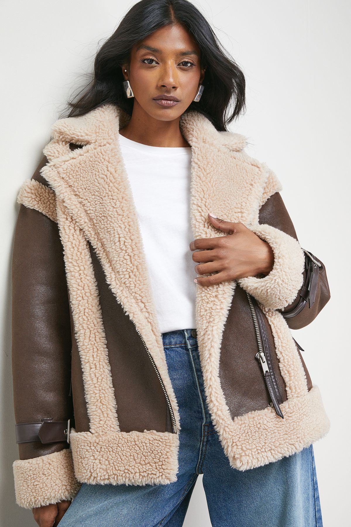 Warehouse Wool Lined Shearling Biker Jacket Chocolate image 1