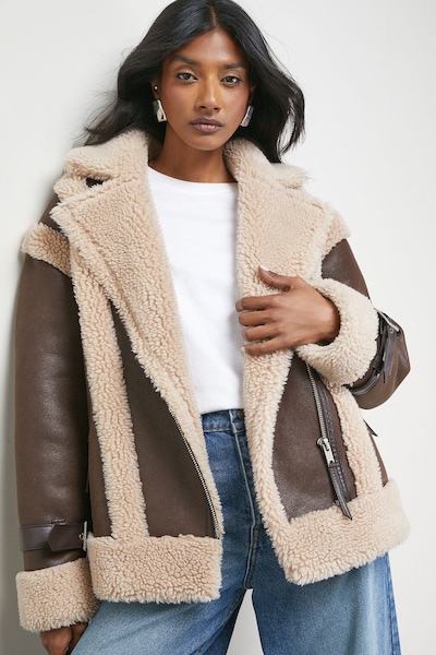 Warehouse Wool Lined Shearling Biker Jacket Chocolate