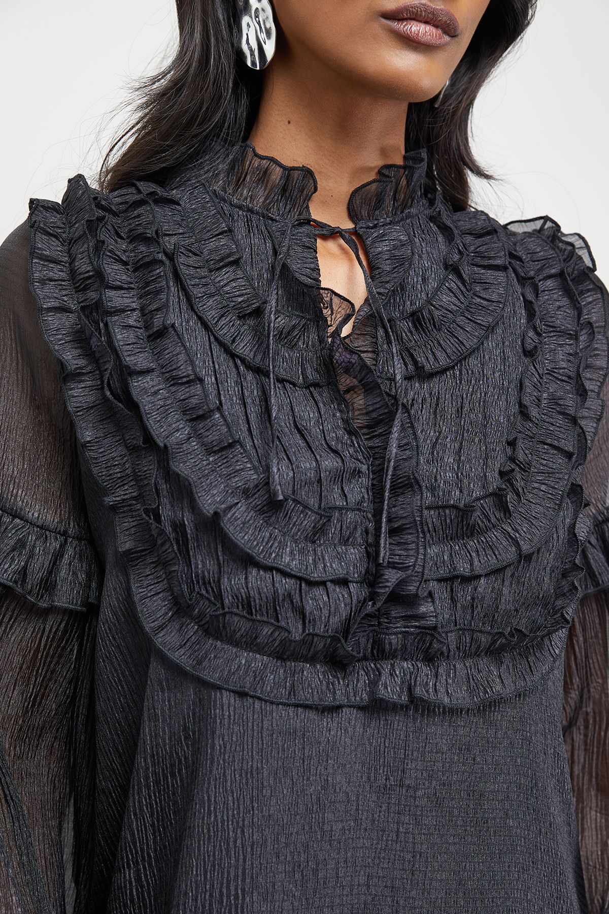 Warehouse Premium Crinkle Stripe Organza Frill Pleat Detail Midi Dress Black image 5