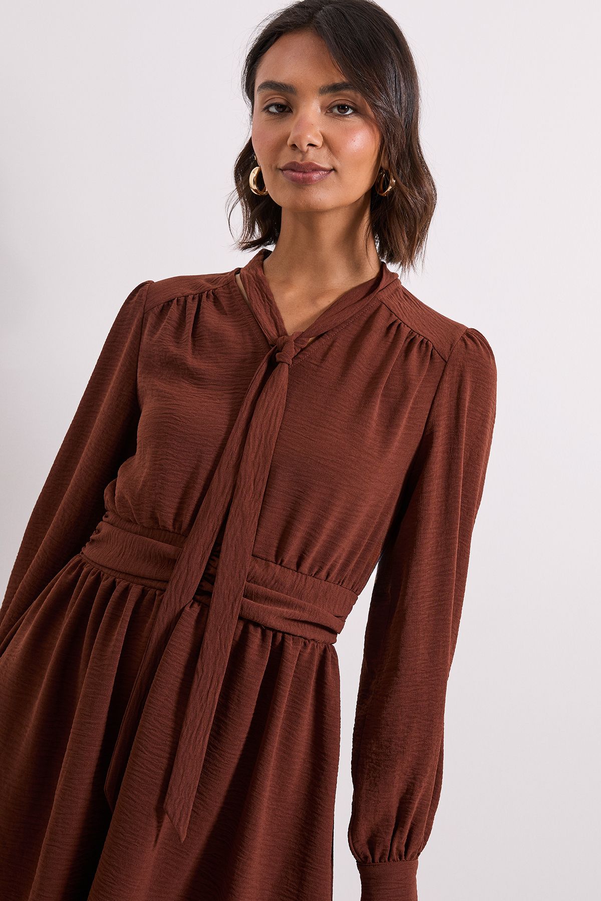 Dorothy Perkins Tie Neck Fit And Flare Mini Dress Chocolate image 4