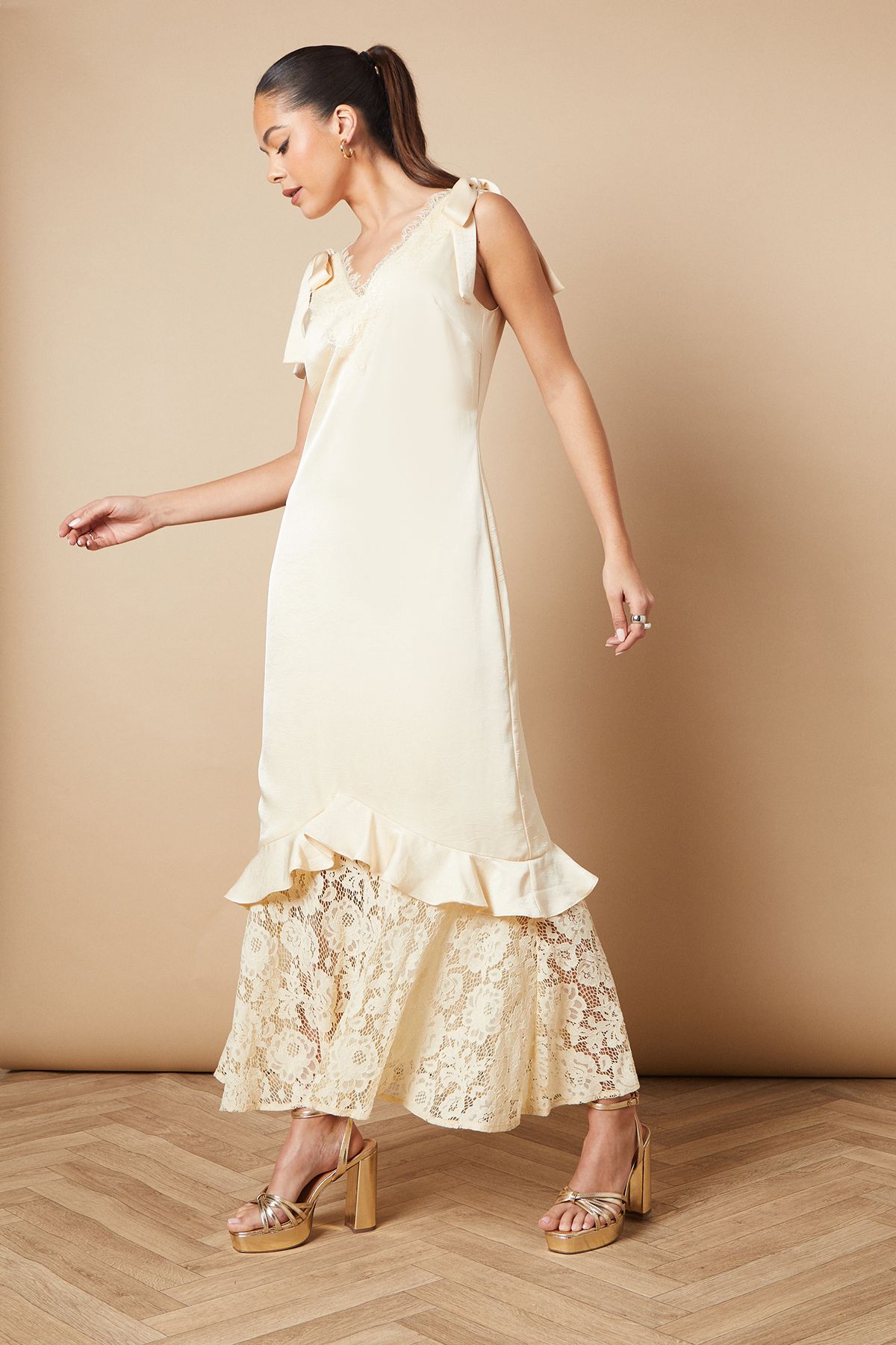 Oasis Satin Lace Tie Shoulder Maxi Dress Butter image 4