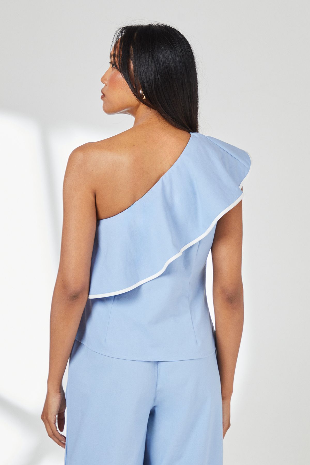 Principles Blue Contrast Detail One Shoulder Frill Linen Top Blue image 3
