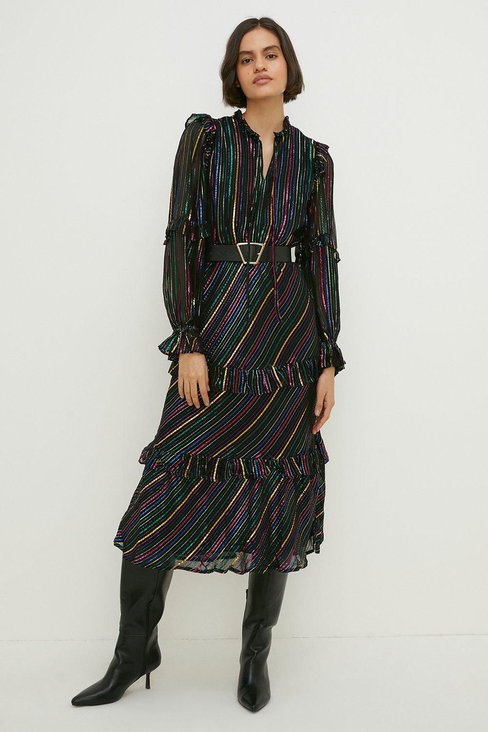 Oasis Petite Colourful Metallic Stripe Midi Dress Black image 2